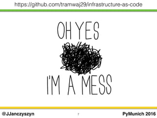 7 PyMunich 2016@JJanczyszyn
https://github.com/tramwaj29/infrastructure-as-code
 
