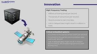 Innovation
High Frequency Trading
• Millions of ticking prices per second
• Thousands of transactions per second.
• Requir...