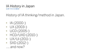 IA History in Japan
IA
History of IA thinking/method in Japan.
•  IA (2000-)
•  UX (2003-)
•  UCD (2005-)
•  HCD/UXD (2010...