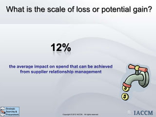 What is the scale of loss or potential gain?




              Copyright © 2011 IACCM. All rights reserved.
                     Copyright © 2012 IACCM. All rights reserved
 