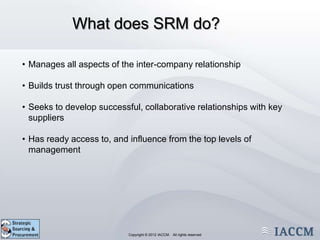 What does SRM do?

• Manages all aspects of the inter-company relationship

• Builds trust through open communications

• Seeks to develop successful, collaborative relationships with key
  suppliers

• Has ready access to, and influence from the top levels of
  management




                      Copyright © 2011 IACCM. All rights reserved.
                             Copyright © 2012 IACCM. All rights reserved
 