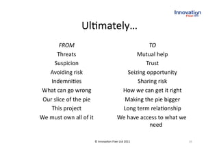 Ul(mately… 
        FROM                                              TO 
       Threats                                       Mutual help    
     Suspicion                                           Trust 
   Avoiding risk                                 Seizing opportunity  
    Indemni(es                                       Sharing risk  
What can go wrong                              How we can get it right    
 Our slice of the pie                           Making the pie bigger   
    This project                               Long term rela(onship     
We must own all of it                         We have access to what we 
                                                          need   

                              © Innova(on Fixer Ltd 2011                     38 
 