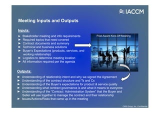 Meeting Inputs and Outputs
Outputs:
► Understanding of relationship intent and why we signed the Agreement
► Understanding of the contract structure and Ts and Cs
► Understanding of the Buyer’s expectations for product & service quality
► Understanding what contract governance is and what it means to everyone
► Understanding of the “Contract Administration System” that the Buyer and
Seller will use together to manage the contract and their relationship
► Issues/Actions/Risks that came up in the meeting
Inputs:
► Stakeholder meeting and info requirements
► Required topics that need covered
► Contract documents and summary
► Technical and business solutions
► Buyer’s Expectations (products, services, and
working relationship)
► Logistics to determine meeting location
► All information required per the agenda
Post-Award Kick-Off Meeting
CMS Group, Inc. Confidential
 