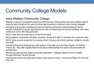 • Iowa Western Community College
• Majority of service is academic-based service learning, however there are also multiple service
opportunities throughout the year to encourage students to continue to be civically engaged
• Sampling of graduates indicated that service-learning enhanced understanding of course
content, attributed to career opportunities as well as networking and resume building, and many
continue to serve after they graduate.
• IWCC notes Service-Learning on student transcripts
• Bring together community members, students, faculty and staff to volunteer for a common goal
• IWCC hosts annual recognition for service which includes community partners, students, faculty
and staff.
• Hosted professional development with leaders in the field such as Patty Clayton, Dr. Robert
Franco etc. Also offer opportunities for faculty to attend/present at service-focused national
conferences
• Service-focused student clubs to promote leadership – Colleges Against Cancer chapter
through American Cancer Society
• Host annual community-wide and campus-wide service events - Community Relay For Life and
Pink Out
Community College Models
 
