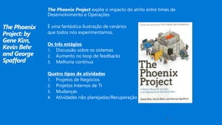 The Phoenix
Project: by
Gene Kim,
Kevin Behr
and George
Spafford
9
The Phoenix Project expõe o impacto do atrito entre times de
Desenvolvimento e Operações
É uma fantástica ilustração de cenários
que todos nós experimentamos.
Os três estágios
1. Discussão sobre os sistemas
2. Aumento no loop de feedbacks
3. Melhoria contínua
Quatro tipos de atividades
1. Projetos de Negócios
2. Projetos Internos de TI
3. Mudanças
4. Atividades não planejadas/Recuperação
 