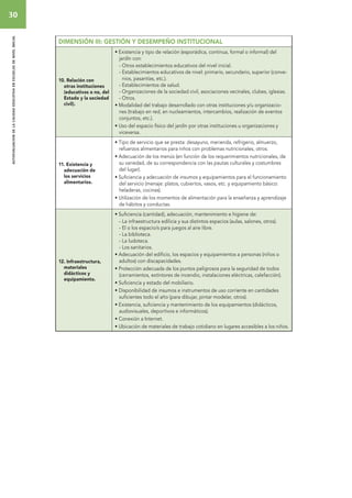 30 
autoevaluacion de la calidad educativa en escuelas de nivel inicial 
DIMENSIÓN III: Gestión y Desempeño Institucional 
10. Relación con 
otras instituciones 
(educativas o no, del 
Estado y la sociedad 
civil). 
• Existencia y tipo de relación (esporádica, continua, formal o informal) del 
jardín con: 
- Otros establecimientos educativos del nivel inicial. 
- Establecimientos educativos de nivel: primario, secundario, superior (conve-nios, 
pasantías, etc.). 
- Establecimientos de salud. 
- Organizaciones de la sociedad civil, asociaciones vecinales, clubes, iglesias. 
- Otros. 
• Modalidad del trabajo desarrollado con otras instituciones y/u organizacio-nes 
(trabajo en red, en nucleamientos, intercambios, realización de eventos 
conjuntos, etc.). 
• Uso del espacio físico del jardín por otras instituciones u organizaciones y 
viceversa. 
11. Existencia y 
adecuación de 
los servicios 
alimentarios. 
• Tipo de servicio que se presta: desayuno, merienda, refrigerio, almuerzo, 
refuerzos alimentarios para niños con problemas nutricionales, otros. 
• Adecuación de los menús (en función de los requerimientos nutricionales, de 
su variedad, de su correspondencia con las pautas culturales y costumbres 
del lugar). 
• Suficiencia y adecuación de insumos y equipamientos para el funcionamiento 
del servicio (menaje: platos, cubiertos, vasos, etc. y equipamiento básico: 
heladeras, cocinas). 
• Utilización de los momentos de alimentación para la enseñanza y aprendizaje 
de hábitos y conductas. 
12. Infraestructura, 
materiales 
didácticos y 
equipamiento. 
• Suficiencia (cantidad), adecuación, mantenimiento e higiene de: 
- La infraestructura edilicia y sus distintos espacios (aulas, salones, otros). 
- El o los espacio/s para juegos al aire libre. 
- La biblioteca. 
- La ludoteca. 
- Los sanitarios. 
• Adecuación del ediﬁcio, los espacios y equipamientos a personas (niños o 
adultos) con discapacidades. 
• Protección adecuada de los puntos peligrosos para la seguridad de todos 
(cerramientos, extintores de incendio, instalaciones eléctricas, calefacción). 
• Suficiencia y estado del mobiliario. 
• Disponibilidad de insumos e instrumentos de uso corriente en cantidades 
suficientes todo el año (para dibujar, pintar modelar, otros). 
• Existencia, suﬁciencia y mantenimiento de los equipamientos (didácticos, 
audiovisuales, deportivos e informáticos). 
• Conexión a Internet. 
• Ubicación de materiales de trabajo cotidiano en lugares accesibles a los niños. 
 