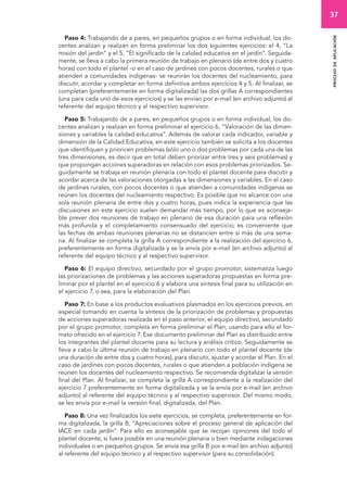 37 
proceso de aplicación 
Paso 4: Trabajando de a pares, en pequeños grupos o en forma individual, los do-centes 
analizan y realizan en forma preliminar los dos siguientes ejercicios: el 4, “La 
misión del jardín” y el 5, “El significado de la calidad educativa en el jardín”. Seguida-mente, 
se lleva a cabo la primera reunión de trabajo en plenario (de entre dos y cuatro 
horas) con todo el plantel -o en el caso de jardines con pocos docentes, rurales o que 
atienden a comunidades indígenas- se reunirán los docentes del nucleamiento, para 
discutir, acordar y completar en forma definitiva ambos ejercicios 4 y 5. Al finalizar, se 
completan (preferentemente en forma digitalizada) las dos grillas A correspondientes 
(una para cada uno de esos ejercicios) y se las envían por e-mail (en archivo adjunto) al 
referente del equipo técnico y al respectivo supervisor. 
Paso 5: Trabajando de a pares, en pequeños grupos o en forma individual, los do-centes 
analizan y realizan en forma preliminar el ejercicio 6, “Valoración de las dimen-siones 
y variables la calidad educativa”. Además de valorar cada indicador, variable y 
dimensión de la Calidad Educativa, en este ejercicio también se solicita a los docentes 
que identifiquen y prioricen problemas (sólo uno o dos problemas por cada una de las 
tres dimensiones, es decir que en total deben priorizar entre tres y seis problemas) y 
que propongan acciones superadoras en relación con esos problemas priorizados. Se-guidamente 
se trabaja en reunión plenaria con todo el plantel docente para discutir y 
acordar acerca de las valoraciones otorgadas a las dimensiones y variables. En el caso 
de jardines rurales, con pocos docentes o que atienden a comunidades indígenas se 
reúnen los docentes del nucleamiento respectivo. Es posible que no alcance con una 
sola reunión plenaria de entre dos y cuatro horas, pues indica la experiencia que las 
discusiones en este ejercicio suelen demandar más tiempo, por lo que es aconseja-ble 
prever dos reuniones de trabajo en plenario de esa duración para una reflexión 
más profunda y el completamiento consensuado del ejercicio; es conveniente que 
las fechas de ambas reuniones plenarias no se distancien entre sí más de una sema-na. 
Al finalizar se completa la grilla A correspondiente a la realización del ejercicio 6, 
preferentemente en forma digitalizada y se la envía por e-mail (en archivo adjunto) al 
referente del equipo técnico y al respectivo supervisor. 
Paso 6: El equipo directivo, secundado por el grupo promotor, sistematiza luego 
las priorizaciones de problemas y las acciones superadoras propuestas en forma pre-liminar 
por el plantel en el ejercicio 6 y elabora una síntesis final para su utilización en 
el ejercicio 7, o sea, para la elaboración del Plan. 
Paso 7: En base a los productos evaluativos plasmados en los ejercicios previos, en 
especial tomando en cuenta la síntesis de la priorización de problemas y propuestas 
de acciones superadoras realizada en el paso anterior, el equipo directivo, secundado 
por el grupo promotor, completa en forma preliminar el Plan, usando para ello el for-mato 
ofrecido en el ejercicio 7. Ese documento preliminar del Plan es distribuido entre 
los integrantes del plantel docente para su lectura y análisis crítico. Seguidamente se 
lleva a cabo la última reunión de trabajo en plenario con todo el plantel docente (de 
una duración de entre dos y cuatro horas), para discutir, ajustar y acordar el Plan. En el 
caso de jardines con pocos docentes, rurales o que atienden a población indígena se 
reúnen los docentes del nucleamiento respectivo. Se recomienda digitalizar la versión 
final del Plan. Al finalizar, se completa la grilla A correspondiente a la realización del 
ejercicio 7 preferentemente en forma digitalizada y se la envía por e-mail (en archivo 
adjunto) al referente del equipo técnico y al respectivo supervisor. Del mismo modo, 
se les envía por e-mail la versión final, digitalizada, del Plan. 
Paso 8: Una vez finalizados los siete ejercicios, se completa, preferentemente en for-ma 
digitalizada, la grilla B, “Apreciaciones sobre el proceso general de aplicación del 
IACE en cada jardín”. Para ello es aconsejable que se recojan opiniones del todo el 
plantel docente, si fuera posible en una reunión plenaria o bien mediante indagaciones 
individuales o en pequeños grupos. Se envía esa grilla B por e-mail (en archivo adjunto) 
al referente del equipo técnico y al respectivo supervisor (para su consolidación). 
 