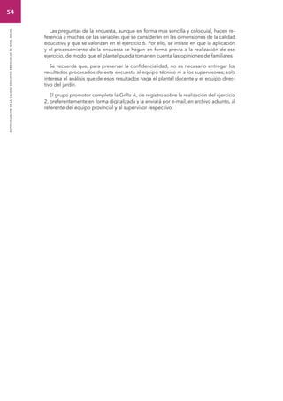 54 
autoevaluacion de la calidad educativa en escuelas de nivel inicial 
Las preguntas de la encuesta, aunque en forma más sencilla y coloquial, hacen re-ferencia 
a muchas de las variables que se consideran en las dimensiones de la calidad 
educativa y que se valorizan en el ejercicio 6. Por ello, se insiste en que la aplicación 
y el procesamiento de la encuesta se hagan en forma previa a la realización de ese 
ejercicio, de modo que el plantel pueda tomar en cuenta las opiniones de familiares. 
Se recuerda que, para preservar la confidencialidad, no es necesario entregar los 
resultados procesados de esta encuesta al equipo técnico ni a los supervisores; solo 
interesa el análisis que de esos resultados haga el plantel docente y el equipo direc-tivo 
del jardín. 
El grupo promotor completa la Grilla A, de registro sobre la realización del ejercicio 
2, preferentemente en forma digitalizada y la enviará por e-mail, en archivo adjunto, al 
referente del equipo provincial y al supervisor respectivo. 
 