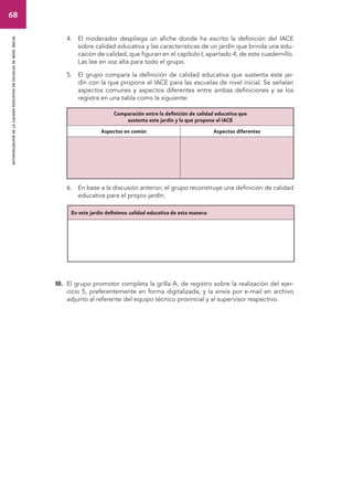 68 
autoevaluacion de la calidad educativa en escuelas de nivel inicial 
4. El moderador despliega un afiche donde ha escrito la definición del IACE 
sobre calidad educativa y las características de un jardín que brinda una edu-cación 
de calidad, que figuran en el capítulo I, apartado 4, de este cuadernillo. 
Las lee en voz alta para todo el grupo. 
5. El grupo compara la definición de calidad educativa que sustenta este jar-dín 
con la que propone el IACE para las escuelas de nivel inicial. Se señalan 
aspectos comunes y aspectos diferentes entre ambas definiciones y se los 
registra en una tabla como la siguiente: 
Comparación entre la definición de calidad educativa que 
sustenta este jardín y la que propone el IACE 
Aspectos en común Aspectos diferentes 
6. En base a la discusión anterior, el grupo reconstruye una definición de calidad 
educativa para el propio jardín. 
En este jardín definimos calidad educativa de esta manera: 
III. El grupo promotor completa la grilla A, de registro sobre la realización del ejer-cicio 
5, preferentemente en forma digitalizada, y la envía por e-mail en archivo 
adjunto al referente del equipo técnico provincial y al supervisor respectivo. 
 