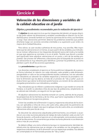 69 
ejercicios 
Ejercicio 6 
Valoración de las dimensiones y variables de 
la calidad educativa en el jardín 
Objetivo y procedimientos recomendados para la realización del ejercicio 6 
El objetivo de este ejercicio 6 es que los integrantes del plantel y el equipo directi-vo 
del jardín valoren las dimensiones y variables consideradas en relación con la Cali-dad 
Educativa, tomando también en cuenta las opiniones de los niños y sus familiares 
a cargo. Esas valoraciones permitirán detectar los problemas existentes que podrán 
afrontarse luego con acciones concretas orientadas a su superación y por ende a la 
mejora de la Calidad Educativa. 
Para valorar, se usan escalas cualitativas de tres puntos, muy sencillas. Más impor-tante 
que las valoraciones en sí mismas, es que a partir de las variables y sus indicado-res 
se motiven reflexiones en los integrantes del plantel acerca del modo y la medida 
en que esos aspectos se concretan o no en el jardín. Tendrán que discutir y acordar 
qué significado tiene adjudicar valoraciones en un punto u otro de las escalas pro-puestas. 
Ese proceso de reflexiones y discusiones para la búsqueda de acuerdos en 
las valoraciones es muy relevante para identificar y priorizar los problemas, así como 
plantear a partir de allí las acciones superadoras. 
Los procedimientos sugeridos son: 
Los docentes completarán el ejercicio en forma preliminar trabajando de a pares o 
en forma individual, en relación con cada indicador, cada variable y cada dimensión, 
otorgándoles un valor en las correspondientes escalas cualitativas; una vez valorados 
los indicadores se valorarán las variables respectivas y entonces se procederá a va-lorar 
la dimensión que las abarca; se trata de un proceso de “ida y vuelta”, pues sin 
duda al tener que valorar la dimensión podrá hacerse una revisión de las valoraciones 
otorgadas previamente a sus indicadores y variables. 
Hay indicadores que se refieren a poblaciones indígenas o que residen en zonas de 
frontera; si el jardín no atendiera niños de ese tipo de poblaciones, simplemente no 
se valorará ese indicador y se seguirá con los que siguen. 
Al adjudicar valoraciones los docentes tomarán en cuenta, además de las propias, 
las perspectivas de los familiares y de los niños, que fueron expresadas en forma di-recta 
o indirecta en los ejercicios previos. 
Si bien las variables de la Dimensión I: Logros y trayectorias educativas de los alum-nos, 
son aplicables a niños de cinco y de cuatro años, adecuando los parámetros de 
logro a cada edad, en algún caso que no aplique a los de cuatro años, se considerarán 
valoraciones sólo para los de cinco. 
Se discutirán las valoraciones adjudicadas preliminarmente y se arribarán a acuer-dos 
en una o dos reuniones plenarias de trabajo de todo el plantel, cada una de 2 a 4 
horas de duración, unificando el ejercicio en un sólo ejemplar, como producto acorda-do 
de las discusiones. Es conveniente que ambas reuniones plenarias no se distancien 
entre sí más de una semana. 
Se deberá reflejar una cierta coherencia (aunque no necesariamente identidad ab-soluta) 
entre las valoraciones que se otorgan a las variables con las otorgadas a sus 
respectivos indicadores y la de la dimensión con sus respectivas variables. Eso deberá 
ser contemplado en el mencionado proceso de “ida y vuelta”. 
 