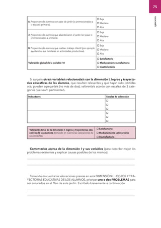 75 
ejercicios 
6. Proporción de alumnos con pase de jardín (o promocionados a 
la escuela primaria). 
 Baja 
 Mediana 
 Alta 
7. Proporción de alumnos que abandonaron el jardín (sin pase ni 
promocionados a primaria). 
 Baja 
 Mediana 
 Alta 
8. Proporción de alumnos que realizan trabajo infantil (por ejemplo 
ayudando a sus familiares en actividades productivas). 
 Baja 
 Mediana 
 Alta 
Valoración global de la variable 10 
 Satisfactorio 
 Medianamente satisfactorio 
 Insatisfactorio 
Si surge/n otra/s variable/s relacionada/s con la dimensión I, logros y trayecto-rias 
educativas de los alumnos, que resulten relevantes y que hayan sido omitidas 
acá, pueden agregarla/s (no más de dos); valórenla/s acorde con escala/s de 3 cate-gorías 
que sea/n pertinente/s. 
Indicadores Escalas de valoración 
 
 
 
 
 
 
Valoración total de la dimensión I: logros y trayectorias edu-cativas 
de los alumnos (tomando en cuenta las valoraciones de 
sus variables). 
 Satisfactorio 
 Medianamente satisfactorio 
 Insatisfactorio 
Comentarios acerca de la dimensión I y sus variables (para describir mejor los 
problemas existentes y explicar causas posibles de los mismos): 
.......................................................................................................................................................... 
.......................................................................................................................................................... 
Teniendo en cuenta las valoraciones previas en esta DIMENSIÓN I: LOGROS Y TRA-YECTORIAS 
EDUCATIVAS DE LOS ALUMNOS, priorizar uno o dos PROBLEMAS para 
ser encarados en el Plan de este jardín. Escríbalo brevemente a continuación: 
.......................................................................................................................................................... 
.......................................................................................................................................................... 
 