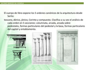 IACOMO BAROZZI DA VIGNOLA




   El cuerpo de libro expone los 5 ordenes canónicos de la arquitectura desde
       Serlio:
   toscano, dórico, jónico, Corinto y compuesto. Clasifica a su vez el análisis de
       cada orden en 5 secciones: columnata, arcada, arcada sobre
       pedestales, formas particulares del pedestal y la basa, formas particulares
       del capitel y entablamento.
 