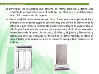 IACOMO BAROZZI DA VIGNOLA

     El generaliza los resultados que obtiene de forma empírica y define una
        relación de proporciones para el pedestal, la columna y el entablamento
        de 4:12:3 con relación al conjunto.
     La altura total del orden se forma por 19 o 15 secciones sin el pedestal. Para
        diferenciar las ordenes según la columna hay que definir el diámetro de la
        columna y por tanto su relación de proporciones dentro de cada orden se
        calcula por fracciones de la altura de la columna y el dio el denominador
        dependiendo de la orden. 14 toscano, 16 dórico, 18 jónico y 20 corintio y
        compuesto Una vez realizada la division se le llama modulo, es decir el
        radio inferior de la columna y este se convierte en algo determinante en el
        edificio.
     .
 