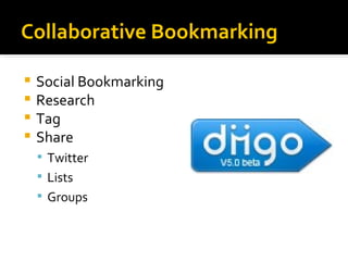 Collaborative Bookmarking

 Social Bookmarking
 Research
 Tag
 Share
     Twitter
     Lists
     Groups
 