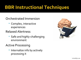BBR Instructional Techniques

Orchestrated Immersion
   Complex, interactive
    experiences
Relaxed Alertness
   Safe and highly-challenging
    environment
Active Processing
   Internalize info by actively
    processing it
                                   visionhelp.com
 