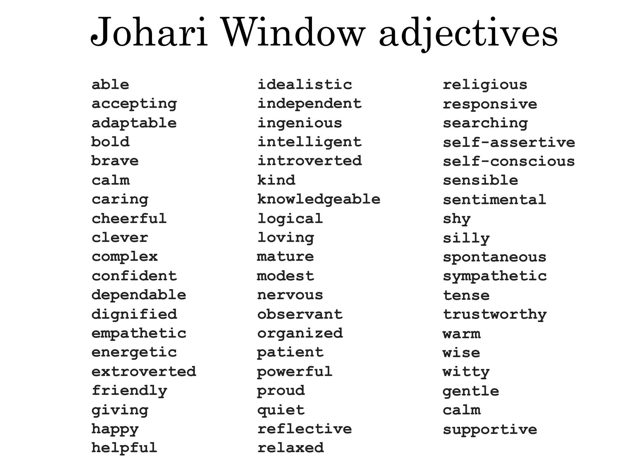 religious
responsive
searching
self-assertive
self-conscious
sensible
sentimental
shy
silly
spontaneous
sympathetic
tense
trustworthy
warm
wise
witty
gentle
calm
supportive
able
accepting
adaptable
bold
brave
calm
caring
cheerful
clever
complex
confident
dependable
dignified
empathetic
energetic
extroverted
friendly
giving
happy
helpful
idealistic
independent
ingenious
intelligent
introverted
kind
knowledgeable
logical
loving
mature
modest
nervous
observant
organized
patient
powerful
proud
quiet
reflective
relaxed
Johari Window adjectives
 