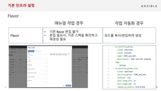 12
기본 인프라 설정
• 기존 flavor 편집 불가
• 편집 필요시, 기존 스펙을 확인하고
재생성 필요
Flavor 코드를 복사/편집하여 생성
 