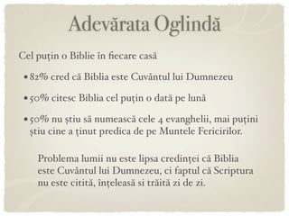 Adevărata Oglindă
Cel puțin o Biblie în ﬁecare casă

 • 82% cred că Biblia este Cuvântul lui Dumnezeu
 • 50% citesc Biblia cel puțin o dată pe lună
 • 50% nu știu să numească cele 4 evanghelii, mai puțini
  știu cine a ținut predica de pe Muntele Fericirilor.

    Problema lumii nu este lipsa credinței că Biblia
    este Cuvântul lui Dumnezeu, ci faptul că Scriptura
    nu este citită, înțeleasă si trăită zi de zi.
 