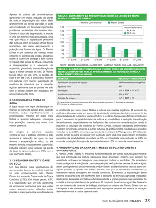 STAB | JULHO/AGOSTO 2018 | VOL.36 Nº6 23
TABELA 1. COMPARATIVO DA PRODUTIVIDADE MÉDIA AO LONGO DO TEMPO
EM DOIS SISTEMAS DE MANEJO.
Apesar da cultura de cana-de-açúcar
apresentar um índice reduzido de perda
de solo, a degradação dos solos afeta
grandemente as terras agrícolas e pode
ser considerado um dos mais importantes
problemas ambientais dos nossos dias.
Dentre os tipos de degradação, a erosão
é uma das formas mais prejudiciais, uma
vez que reduz a capacidade produtiva
das culturas, além de causar sérios danos
ambientais, tais como assoreamento e
poluição das fontes de água. O Plantio
Direto é um sistema de manejo muito
eficiente no controle da erosão. O palhiço
sobre a superfície protege o solo contra
o impacto das gotas de chuva, reduzindo
a desagregação e o selamento da
superfície, garantindo maior infiltração de
água e menor arraste de solo. O Plantio
Direto reduz em até 90% as perdas de
solo e em até 70% a enxurrada. Mesmo
em culturas com menor quantidade de
resíduos de cobertura que a cana-de-
açúcar, estima-se que as perdas de solo
com a erosão podem ser reduzidas em
aproximadamente 76%.
3.1.2 REDUÇÃO DA PERDA DE
ÁGUA
A água ocupa um lugar de destaque no
manejo da cana-de-açúcar, pois, quando
limitante, reduz significativamente a
produtividade, mesmo em solos mais
férteis e, quando adequada, consegue
boa produção, mesmo nos solos com
menor potencial.
Em relação à cobertura vegetal,
verifica-se que o palhiço cobrindo o solo
aumenta a retenção de água, já que
diminui a evaporação e reduz, ou até
mesmo elimina, o escoamento superficial.
Estudos indicam uma redução na perda
de água de aproximadamente 70% com o
uso do Plantio Direto.
3.1.3 MELHORIA DA FERTILIDADE
DO SOLO
Um dos efeitos mais significativos do
aumento dos teores de matéria orgânica
no solo, proporcionado pelo Plantio
Direto, é o aumento Capacidade de Troca
Catiônica (CTC). Em linhas gerais, CTC
é a capacidade que um solo apresenta
de armazenar nutrientes para que estes
sejam posteriormente utilizados pelas
plantas.Amaior parte dos solos brasileiros
é constituída por solos pouco férteis e pobres em matéria orgânica. O aumento da
matéria orgânica propicia um aumento da atividade biológica e também um aumento da
disponibilidade de nutrientes, como o fósforo e o cálcio. Todos esses fatores contribuem
para o aumento da produtividade da cultura e possibilitam a redução da aplicação
de fertilizantes, especialmente os fosfatados. Na cultura da cana-de-açúcar, ainda é
pequena a utilização do Sistema de Plantio Direto, contudo resultados preliminares
mostram tendências similares a outras culturas. O gráfico mostra resultados de estudos
iniciados no ano 2000, em uma propriedade do município de Pitangueiras, SP, utilizando
plantio direto da cana-de-açúcar em sucessão com soja, nos quais foram verificados
aumentos de produtividade da ordem de 9%, e constatada uma redução de 24% no
custo de produção da soja e de aproximadamente 10% no caso da cana-de-açúcar.
4. PRODUTIVIDADE DA CANA DE 18 MESES EM PLANTIO DIRETO E
CONVENCIONAL
O Plantio Direto (Tabela 1) encontra fundamentações em outras culturas para mostrar
que sua introdução na cultura canavieira deve acontecer, mesmo que existam na
atualidade entraves tecnológicos que pareçam indicar o contrário. Os incentivos
clássicos ligados à redução de custo de produção, redução das perdas de solo e água,
assim como potencial de aumento de produtividade, existem tanto no caso da cana-de-
açúcar (Tabela 2) quanto em outras culturas, em que os resultados econômicos já
mostraram essas vantagens em escala comercial. Entretanto, a implantação deste
sistema de plantio está em confronto com o conjunto de técnicas agrícolas praticadas
atualmente, baseadas em tratores de bitola estreita e grande pisoteio nas operações de
colheita e transporte interno da produção. O conjunto de técnicas agrícolas, baseado
em um sistema de controle de tráfego, viabilizará o sistema de Plantio Direto com as
vantagens a ele inerentes, juntamente com vantagens próprias em termos de redução
de investimentos e custos operacionais.
TABELA 2. AS BARREIRAS TECNOLÓGICAS (FELÍCIO, 2007) E OS CORRESPONDENTES
RECURSOS DISPONÍVEIS PARA O APRIMORAMENTO DA PRODUÇÃO AGRÍCOLA
ESTÃO SINTETIZADOS A SEGUIR.
 