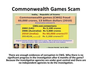 There are enough evidences of corruption in CWG. Why there is no significant progress in the investigation after 6 months of the game?  Because the investigative agencies are under govt control and there are no independent agencies to do the investigation. Commonwealth Games Scam 