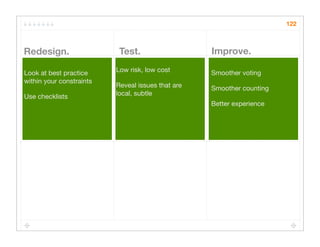 122



Redesign.                  Test.                   Improve.

Look at best practice     Low risk, low cost       Smoother voting
within your constraints
                          Reveal issues that are   Smoother counting
Use checklists            local, subtle
                                                   Better experience
 