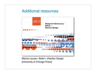 Additional resources




Marcia Lausen: Ballot + Election Design
[University of Chicago Press]
 