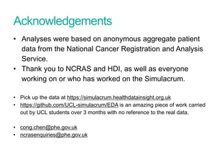 Acknowledgements
• Analyses were based on anonymous aggregate patient
data from the National Cancer Registration and Analysis
Service.
• Thank you to NCRAS and HDI, as well as everyone
working on or who has worked on the Simulacrum.
• Pick up the data at https://simulacrum.healthdatainsight.org.uk
• https://github.com/UCL-simulacrum/EDA is an amazing piece of work carried
out by UCL students over 3 months with no reference to the real data.
• cong.chen@phe.gov.uk
• ncrasenquiries@phe.gov.uk
Presentation title - edit in Header and Footer
 