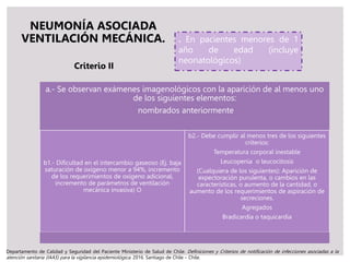 NEUMONÍA ASOCIADA
VENTILACIÓN MECÁNICA. . En pacientes menores de 1
año de edad (incluye
neonatológicos)
Criterio II
a.- Se observan exámenes imagenológicos con la aparición de al menos uno
de los siguientes elementos:
nombrados anteriormente
b1.- Dificultad en el intercambio gaseoso (Ej. baja
saturación de oxígeno menor a 94%, incremento
de los requerimientos de oxígeno adicional,
incremento de parámetros de ventilación
mecánica invasiva) O
b2.- Debe cumplir al menos tres de los siguientes
criterios:
Temperatura corporal inestable
Leucopenia o leucocitosis
(Cualquiera de los siguientes): Aparición de
expectoración purulenta, o cambios en las
características, o aumento de la cantidad, o
aumento de los requerimientos de aspiración de
secreciones.
Agregados
Bradicardia o taquicardia
Departamento de Calidad y Seguridad del Paciente Ministerio de Salud de Chile. Definiciones y Criterios de notificación de infecciones asociadas a la
atención sanitaria (IAAS) para la vigilancia epidemiológica. 2016. Santiago de Chile – Chile.
 