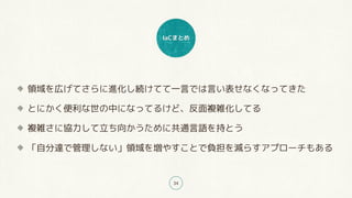 IaCまとめ
34
領域を広げてさらに進化し続けてて一言では言い表せなくなってきた
とにかく便利な世の中になってるけど、反面複雑化してる
複雑さに協力して立ち向かうために共通言語を持とう
「自分達で管理しない」領域を増やすことで負担を減らすアプローチもある
 