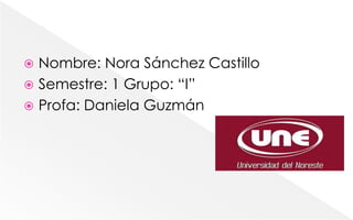  Nombre: Nora Sánchez Castillo
 Semestre: 1 Grupo: “I”
 Profa: Daniela Guzmán
 