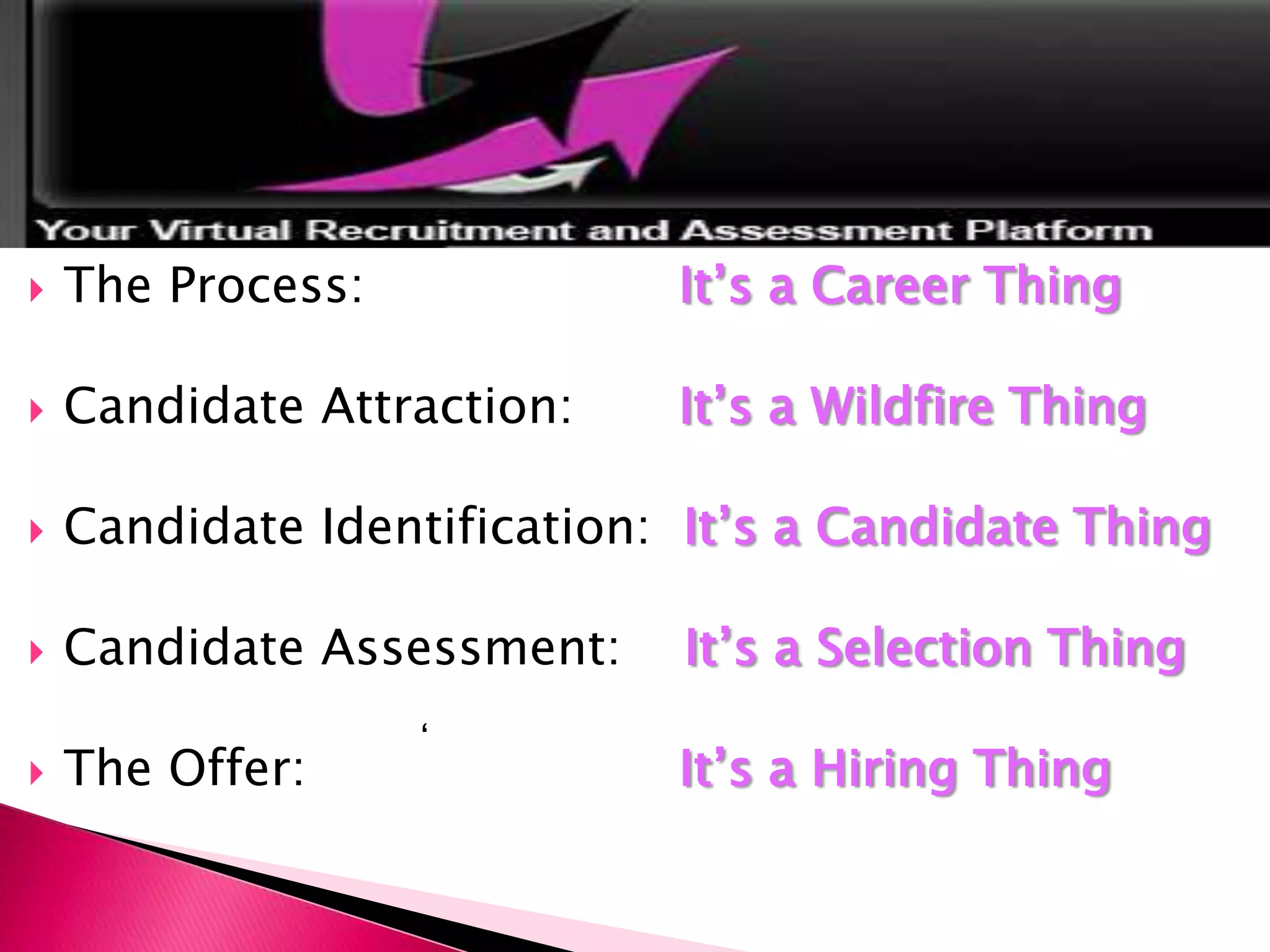   The Process:         It’s a Career ThingThe Process:			  It’s a Career ThingCandidate Attraction:  	It’s a Wildfire ThingCandidate Identification:  It’s a Candidate ThingCandidate Assessment:    It’s a Selection ThingThe Offer:It’s a Hiring Thing‘
