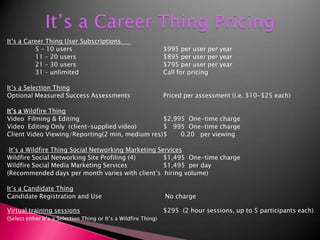It’s a Career Thing PricingIt’s a Career Thing User Subscriptions			5 – 10 users			$995 per user per year		11 – 20 users			$895 per user per year		21 – 30 users			$795 per user per year		31 – unlimited			Call for pricingIt’s a Selection ThingOptional Measured Success Assessments		Priced per assessment (i.e. $10-$25 each)It’s a Wildfire ThingVideo  Filming & Editing			$2,995  One-time chargeVideo  Editing Only  (client-supplied video)	$   995  One-time chargeClient Video Viewing/Reporting(2 min, medium res)	$       0.20   per viewing It’s a Wildfire Thing Social Networking Marketing ServicesWildfire Social Networking Site Profiling (4)	$1,495  One-time chargeWildfire Social Media Marketing Services		$1,495  per day  (Recommended days per month varies with client’s  hiring volume)It’s a Candidate ThingCandidate Registration and Use	   	 No chargeVirtual training sessions			$295  (2 hour sessions, up to 5 participants each)(Select either It’s a Selection Thing or It’s a Wildfire Thing)	        