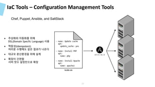 IaC Tools – Configuration Management Tools
Chef, Puppet, Ansible, and SaltStack
12
● 추상화와 자동화를 위해
DSL(Domain Specfic Language) 사용
● 멱등성(Idempotent)
여러분 수행해도 같은 결과가 나온다
● 대규모 분산환경을 위해 설계
● 확장이 간편함
서버 댓수 설정만으로 확장
 