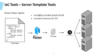 IaC Tools – Server Template Tools
Docker, Packer, Vagrant
13
● 서버 템플릿(소프트웨어 설치)을 이미지화
● Immutable Infrastructure의 근간
 