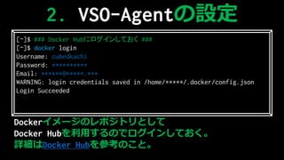 Docker`ΥݥȥȤ
Docker HubäΤǥ󤷤Ƥ
ԔDocker HubοΤȡ
2. VSO-AgentO
[~]$ ### Docker Hub˥󤷤Ƥ ###
[~]$ docker login
Username: cubedkachi
Password: 
Email: *@.***
WARNING: login credentials saved in /home//.docker/config.json
Login Succeeded
 
