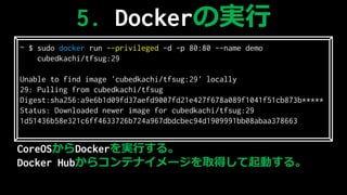 5. DockerΌg
CoreOSDockergФ롣
Docker Hub饳ƥʥ`ȡäӤ롣
~ $ sudo docker run --privileged -d -p 80:80 --name demo
cubedkachi/tfsug:29
Unable to find image 'cubedkachi/tfsug:29' locally
29: Pulling from cubedkachi/tfsug
Digest:sha256:a9e6b1d09fd37aefd9007fd21e427f678a089f1041f51cb873b
Status: Downloaded newer image for cubedkachi/tfsug:29
1d51436b58e321c6ff4633726b724a967dbdcbec94d1909991bb08abaa378663
 