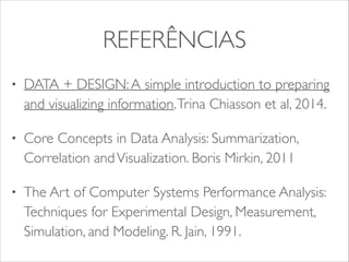 REFERÊNCIAS 
• DATA + DESIGN: A simple introduction to preparing 
and visualizing information. Trina Chiasson et al, 2014. 
• Core Concepts in Data Analysis: Summarization, 
Correlation and Visualization. Boris Mirkin, 2011 
• The Art of Computer Systems Performance Analysis: 
Techniques for Experimental Design, Measurement, 
Simulation, and Modeling. R. Jain, 1991. 

