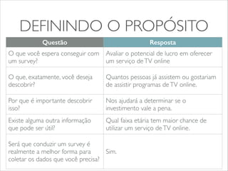 DEFININDO O PROPÓSITO 
Questão Resposta 
O que você espera conseguir com 
um survey? 
Avaliar o potencial de lucro em oferecer 
um serviço de TV online 
O que, exatamente, você deseja 
descobrir? 
Quantos pessoas já assistem ou gostariam 
de assistir programas de TV online. 
Por que é importante descobrir 
isso? 
Nos ajudará a determinar se o 
investimento vale a pena. 
Existe alguma outra informação 
que pode ser útil? 
Qual faixa etária tem maior chance de 
utilizar um serviço de TV online. 
Será que conduzir um survey é 
realmente a melhor forma para 
coletar os dados que você precisa? 
Sim. 
 