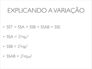 EXPLICANDO A VARIAÇÃO 
• SST = SSA + SSB + SSAB + SSE 
• SSA = 22rqA2 
• SSB = 22rqB2 
• SSAB = 22rqAB2 
 