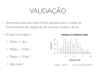 VALIDAÇÃO 
• Queremos especular sobre limites plausíveis para a média do 
comprimentos das sépalas de um conjunto qualquer de Iris. 
• O que você sugere ? 
• Média +- dp ? 
• Média +- 2*dp ? 
• Média +- 3*dp ? 
• Algo mais ? Média: 5.8433 Desvio padrão: 0.8253 
 