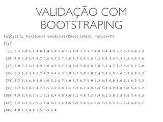 VALIDAÇÃO COM 
BOOTSTRAPING 
lapply(1:1, 
function(i) 
sample(iris$Sepal.Length, 
replace=T)) 
[[1]] 
[1] 
6.2 
6.0 
6.1 
4.8 
4.4 
5.8 
7.4 
6.3 
4.8 
7.2 
7.7 
4.8 
6.4 
4.9 
5.7 
5.1 
6.0 
7.2 
[19] 
4.9 
5.8 
5.4 
4.7 
6.6 
6.7 
5.7 
5.6 
5.7 
6.4 
6.6 
5.1 
4.4 
4.4 
6.3 
7.2 
4.6 
5.6 
[37] 
5.0 
7.7 
5.1 
4.9 
5.0 
4.9 
5.7 
6.4 
6.9 
5.8 
6.8 
5.0 
5.1 
4.7 
7.7 
5.6 
6.7 
5.9 
[55] 
6.3 
5.5 
5.4 
6.7 
4.9 
4.4 
6.3 
6.0 
6.3 
5.0 
6.0 
5.4 
5.4 
6.9 
6.4 
5.7 
6.8 
5.2 
[73] 
5.7 
5.1 
6.0 
4.8 
4.6 
5.2 
6.7 
5.0 
5.7 
6.7 
5.0 
6.3 
6.3 
6.0 
6.0 
6.1 
6.3 
4.3 
[91] 
6.7 
6.3 
6.7 
4.7 
5.5 
7.7 
6.8 
5.1 
5.9 
6.7 
4.9 
5.8 
5.8 
4.9 
4.8 
5.6 
5.4 
5.7 
[109] 
4.9 
6.7 
6.7 
5.1 
6.3 
6.4 
4.8 
7.6 
7.1 
4.8 
7.2 
4.4 
6.2 
5.8 
6.3 
6.5 
7.4 
6.3 
[127] 
5.5 
6.3 
5.7 
6.3 
5.4 
6.5 
5.5 
4.6 
5.9 
5.8 
5.1 
5.6 
5.7 
6.3 
5.1 
5.2 
4.8 
6.7 
[145] 
4.8 
6.2 
4.8 
5.5 
5.9 
6.4 
 
