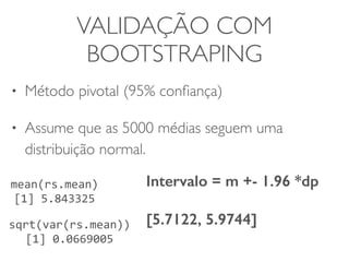 VALIDAÇÃO COM 
BOOTSTRAPING 
• Método pivotal (95% confiança) 
• Assume que as 5000 médias seguem uma 
distribuição normal. 
mean(rs.mean) 
[1] 
5.843325 
sqrt(var(rs.mean)) 
[1] 
0.0669005 
Intervalo = m +- 1.96 *dp 
[5.7122, 5.9744] 
 