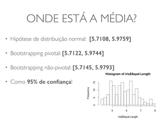 ONDE ESTÁ A MÉDIA? 
• Hipótese de distribuição normal: [5.7108, 5.9759] 
• Bootstrapping pivotal: [5.7122, 5.9744] 
• Bootstrapping não-pivotal: [5.7145, 5.9793] 
• Como 95% de confiança! 
