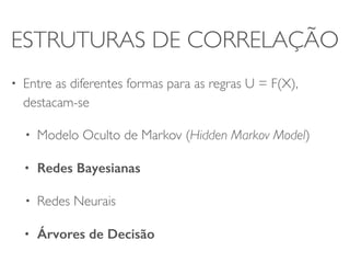 ESTRUTURAS DE CORRELAÇÃO 
• Entre as diferentes formas para as regras U = F(X), 
destacam-se 
• Modelo Oculto de Markov (Hidden Markov Model) 
• Redes Bayesianas 
• Redes Neurais 
• Árvores de Decisão 
 