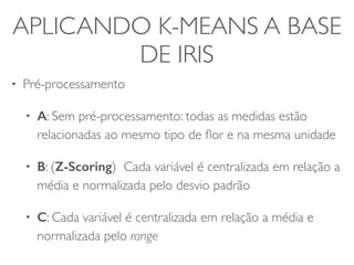 APLICANDO K-MEANS A BASE 
DE IRIS 
• Pré-processamento 
• A: Sem pré-processamento: todas as medidas estão 
relacionadas ao mesmo tipo de flor e na mesma unidade 
• B: (Z-Scoring) Cada variável é centralizada em relação a 
média e normalizada pelo desvio padrão 
• C: Cada variável é centralizada em relação a média e 
normalizada pelo range 
 