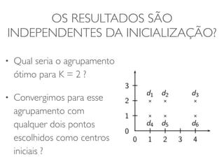 OS RESULTADOS SÃO 
INDEPENDENTES DA INICIALIZAÇÃO? 
• Qual seria o agrupamento 
ótimo para K = 2 ? 
• Convergimos para esse 
agrupamento com 
qualquer dois pontos 
escolhidos como centros 
iniciais ? 
 