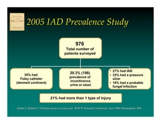2005 IAD Prevalence Study

                                                976
                                        Total number of
                                       patients surveyed



                                                                            • 27% had IAD
                                           20.3% (198)
    35% had                                                                 • 33% had a pressure
                                           prevalence of
  Foley catheter                                                              ulcer
                                           incontinence
(deemed continent)                                                          • 18% had a probable
                                           urine or stool
                                                                              fungal Infection


                           21% had more than 1 type of injury

Junkin J, Selekof J. IAD prevalence in acute care. WOCN National Conference, June 2006 Minneapolis, MN.
 