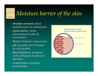 Moisture barrier of the skin
– Stratum corneum: dead
  keratinocytes or corneocytes
– Lipid matrix: slows
  movement of water &
  electrolytes
– Water: hydrates corneocytes
– pH: (usually 5.0-5.9) forms
  an acid mantle
– Bacterial flora: competes
  with pathogens to prevent
  infection
– Temperature: regulates
  permeability
 