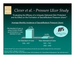 Clever et al. - Pressure Ulcer Study
              “Evaluating the Efficacy of a Uniquely Delivered Skin Protectant
             and Its Effect on the Formation of Sacral/Buttock Pressure Ulcers”*

              Average Monthly Incidence of Sacral/Buttock Pressure Ulcers

      Old standard of care vs.
                                                4.7%
       using Comfort Shield®
      as preventative in new                                                                             Reduction in Incidence
          standard of care                                                                            Of sacral/buttock pressure
                                                                                0.5%                            ulcers




                           Old Standard of Care                     New Standard of Care
                                   7/00 – 3/01                               5/01 – 7/01
                                                                             2/02 – 4/02

*Comfort Shield® was used on all incontinent patients and was the only variable changed from the control period.
Clever K, Smith G, Bowser C, Monroe K
Long-Term Care Unit, Fulton County Medical Center, McConnellsburg, PA, Ostomy/Wound Management. Dec 2002;48(12):60-7.
 