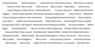Andrea Rodriguez Stefano Ottaviani Alessio Del Toro Alessandro Giardina Fabio MoraLuca Bonini
Maurizio Turatti Marco Arena Paolo Laurenti Filippo Liverani Diego Medici Gabriele Lana
Giorgio Vespucci Andrea Ferroni Andrea Mariottini Francesco Strazzullo William VerdoliniGiulio
Roggero Danilo Pompei Gabriele Tondi Claudio Mezzasalma Diego Guidi Mauro Piccotti Alessandro
PostacchiniAndrea Sallicano Paolo Sammicheli Pierluigi PuglieseDaniela Cecchinelli Moreno Gentili
Carlo Micieli Roberto Simoni Sandro Buzziol Raffaele Marranzini Davide Bellettini Omar Giorgetti
Giuseppe Maria Fusco Alex Pagnoni Massimiliano AtzoriPasquale De Medio Pier Paolo Stoppino Matteo
Magni Annibale Ippolito Maurizio Arnaud Andrea Cappalunga Christian Nastasi Nicola Bettari
Alessandro Mauri Paolo Casarini Paolo Balzarotti Matteo Mattioli Stefano Porro Alessandro Cocchi
Michele Del Giudice Roberto Gasdia Aldo PiddiuSoftInstigate Srl Andrea Franceschini Marco Tizzoni
Marco Pegolo Paolo Rodeghiero Marco Loche Verny Quartara Gutierrez Leonardo Romanato
Raoul Buzziol Andrea Setti Mattia Piccinetti Andrea Bertolissi Luca Tittarelli Gian Maria Ricci
 